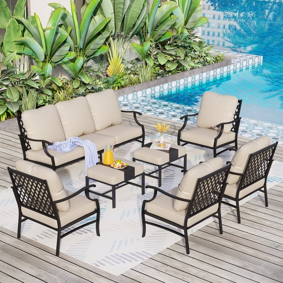 MAISON ARTS Patio Conversation Sets 5/7/9-Seat, Sofa Set with 2 Single Sofa Chairs, 3-Seater Sofa, Ottoman and Coffee Table 7-Piece - Set 1