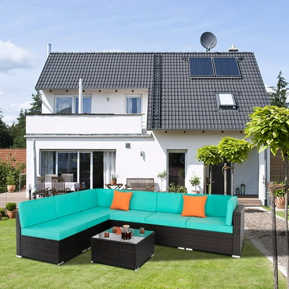 Patio Conversation Sets on Clearance, 7 Pieces Outdoor Wicker Patio Furniture Set with Seat Cushions, 2 Pillows & Tempered Glass Coffee, Wicker Sofa Sets for Porch Poolside Backyard Garden, S5880