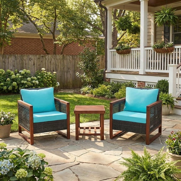 Patio Conversation Table Chair Set, Outdoor Collection Set, 3 Pieces Patio Wicker Furniture Set with Washable Cushion and Acacia Wood Coffee Table-Turquoise