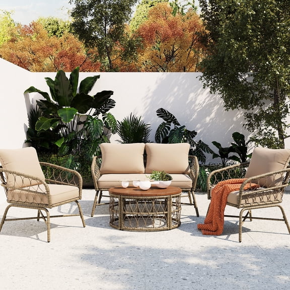 Patio Conversation With Elegant Design, Removable Cushions, Beige , Oval Tabletop Outdoor Rugged And Table