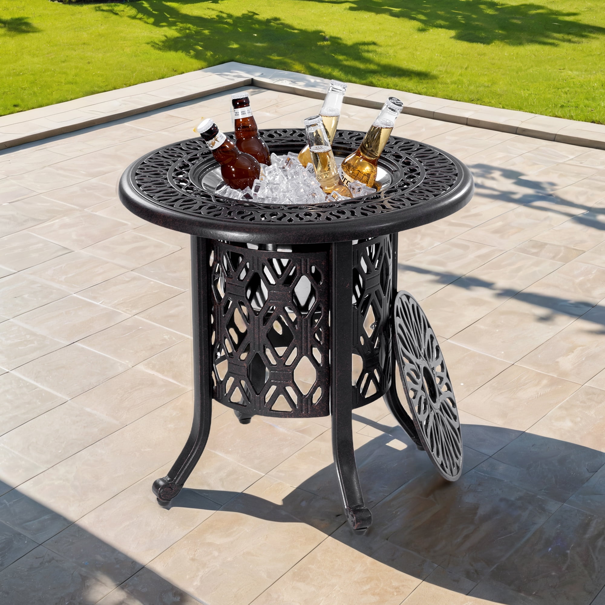 Patio Cooler Bar Table,Side Table With Removable Ice Bucket for Indoor & Outdoor, Patio, Balcony,Bronze