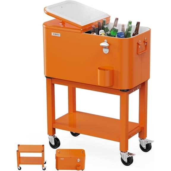 Patio Cooler, Rolling Ice Chest on Wheels, Portable Patio Party Bar Drink Cooler Cart, with Shelf, Beverage Pool with Bottle Opener,Water Pipe