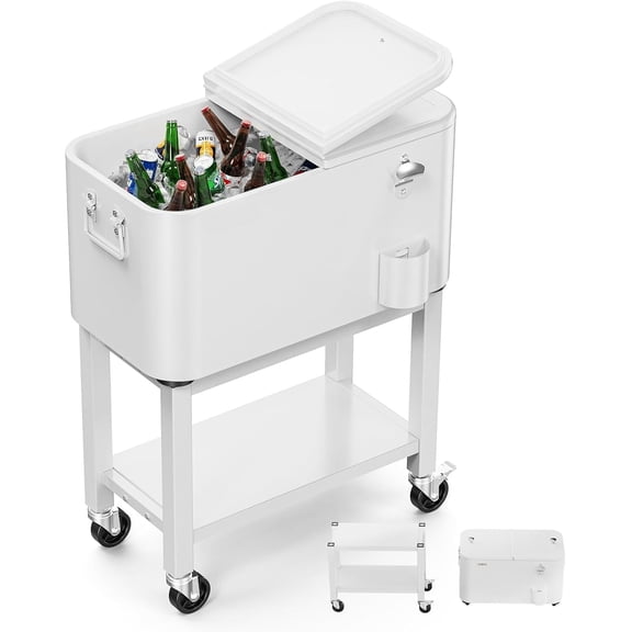 Patio Cooler, Rolling Ice Chest on Wheels, Portable Patio Party Bar Drink Cooler Cart, with Shelf, Beverage Pool with Bottle Opener,Water Pipe