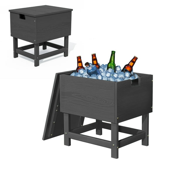 Patio Cooler Table, Built-in 2-Gallon Ice Bucket, Detachable Lid