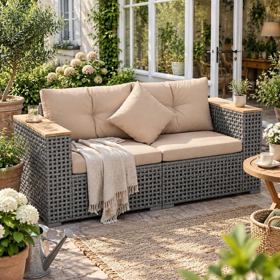 Patio Corner Sofa Set, 2-piece with thick cushions, PE rattan frame, acacia wood armrests
