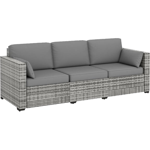 Patio Couch PE Wicker Deep Seating Outdoor Sofa with Removable Cushions, 3 Seater Rattan Sofa, Outdoor Furniture for Balcony, Deck, Garden and Poolside, Gray