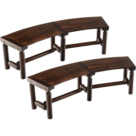 Patio Curved Bench Set of 2, Carbonized Wood Dining Bench, Spacious & Slatted Seat, 710 LBS Max Load, 2-Person Wood Fire Pit Bench for Backyard, Garden, Porch