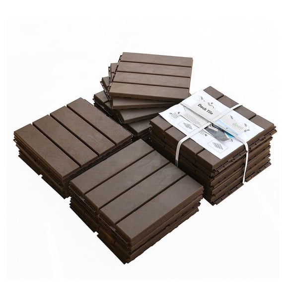 Patio Deck Tiles 12x12, Interlocking Outdoor Flooring, Composite Decking Tiles for Balcony, Porch & Backyard - Dark Brown (36 Pack)