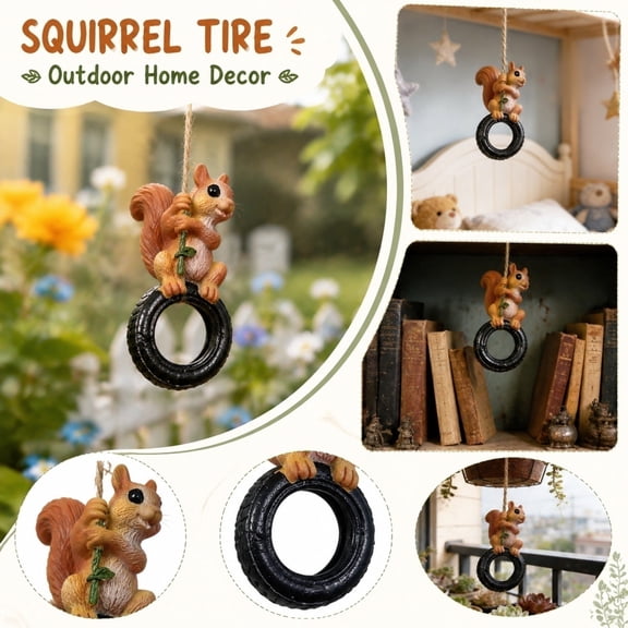 Patio Decorations Outdoor, Funny Garden Decor, Outdoor Hanging Decor, Hanging Outdoor Decor, 3.5X2 Inch Playful Squirrel Sitting on Tire Swing Hanging Accent for Garden Tree Patio