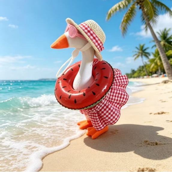 Patio Decorations Outdoor, Summer Beach Vacation 7 Inch Goose Straw Hat Sunglasses Swim Ring Dress Set, Silly Goose Decor for Backyard Display, Red Summer Inflatables Outdoor