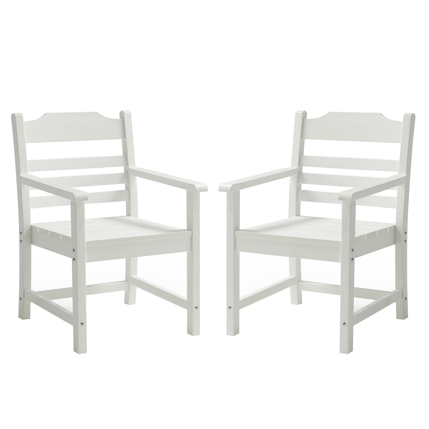 Patio Dining Chair with Arms Set of 2, Pure White with Imitation Wood Grain Texture for Deck Pool, White