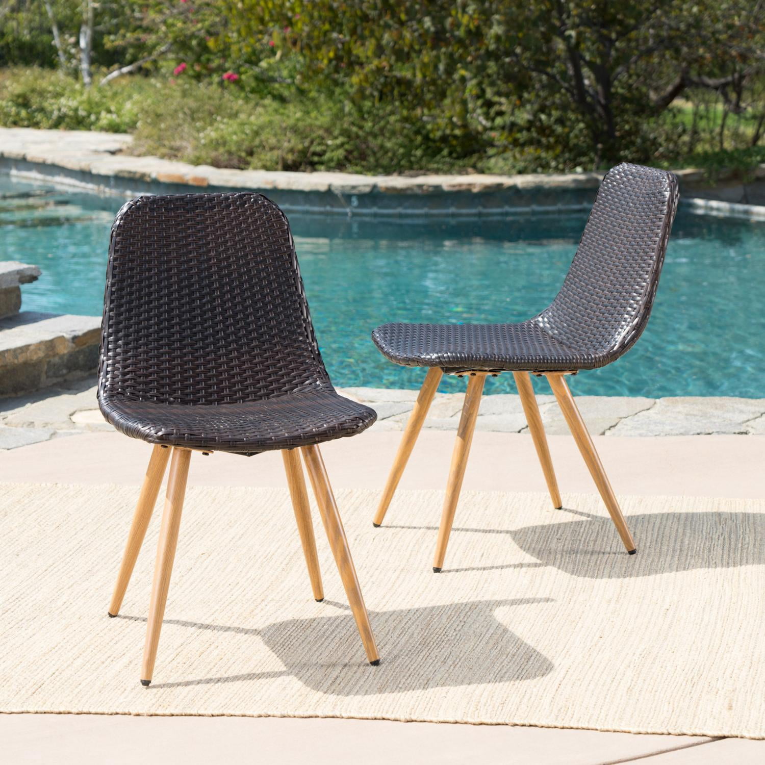Patio Dining Chairs, Outdoor Chairs Set of 2, Woven PE Wicker and Iron Frame Seating with Tapered Legs, Easy Assembly Furniture for Veranda, Deck, or Garden in Brown Multi