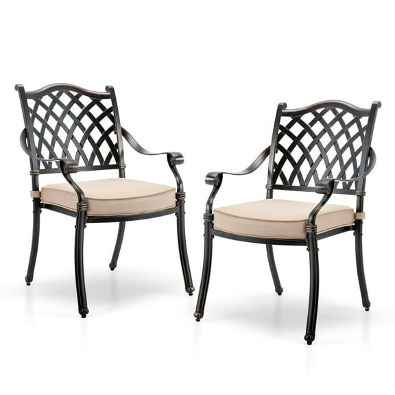 Patio Dining Chairs Set of 2, Lattice Outdoor Cast Aluminum Chairs with Thicker Cushions for Balcony