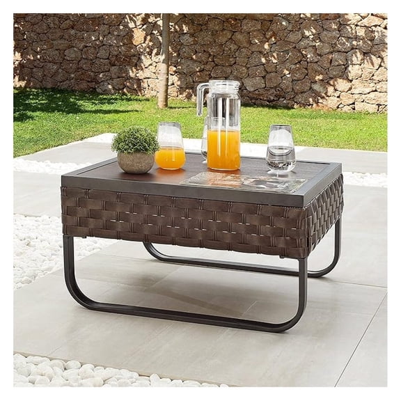 Patio Dining Furniture Outdoor Square Bistro Side Coffee Table with Rattan Wicker Metal Slatted Steel Frame Aluminum Plastic Plate Wood Grain Desktop, Brown