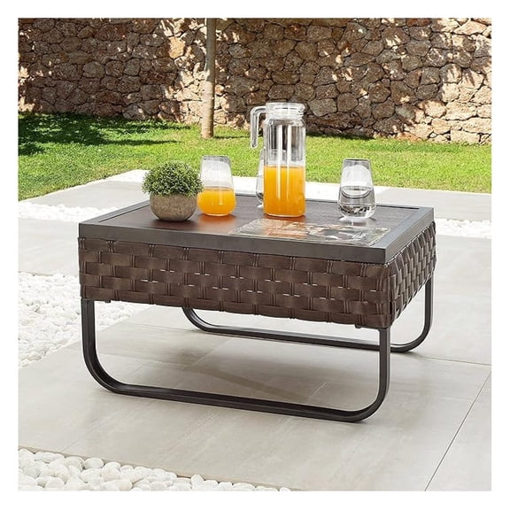 Patio Dining Furniture Outdoor Square Bistro Side Coffee Table with Rattan Wicker Metal Slatted Steel Frame Aluminum Plastic Plate Wood Grain Desktop, Brown