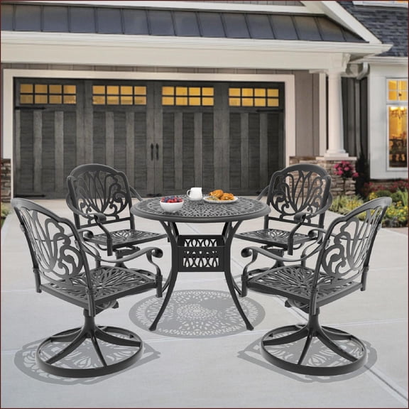 Patio Dining Set, 5-Piece All-Weather Aluminum with 4 Swivel Chairs & 35'' Round Table for Outdoor Use | Black | Aluminum