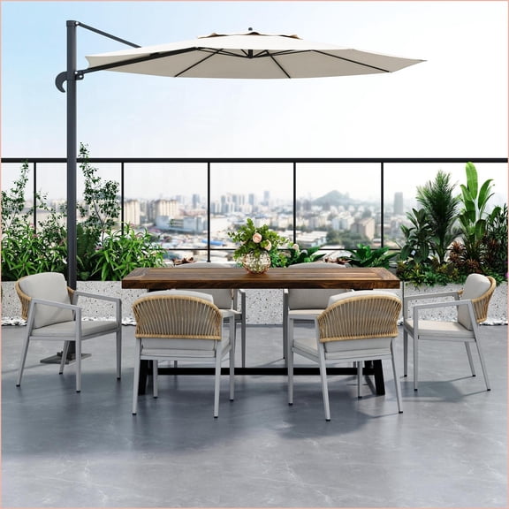 Patio Dining Set 7-Piece, Coastal Light Gray Rattan Chairs + Natural Acacia Wood Table | Light Gray | Acacia Wood+PE Rattan+Iron
