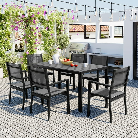 Patio Dining Set, 7PCS Outdoor Plastic-Wood Table & Textilene Chairs Set, Outdoor Furniture Dining Table Set, Garden Porch Backyard Poolside Sectional Conversation Set
