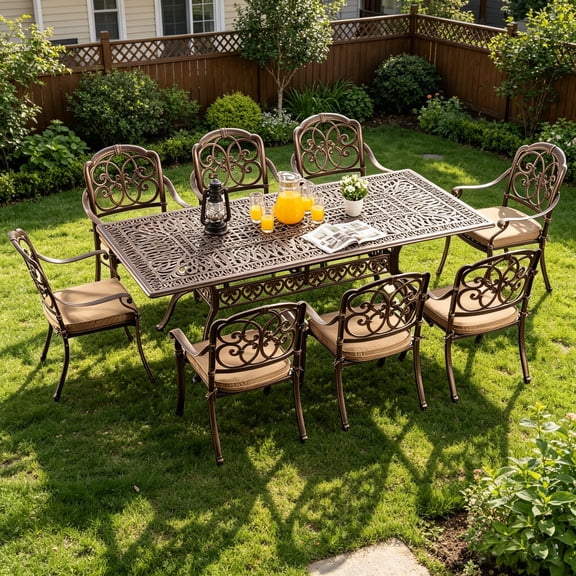 Patio Dining Set With Chairs, Weather-Resistant Metal Chairs, High-Density Cushioned Seating, 2 Inch Umbrella Hole Table, Adjustable Feet(8 Patterned Chairs 1 Rectangular Table)