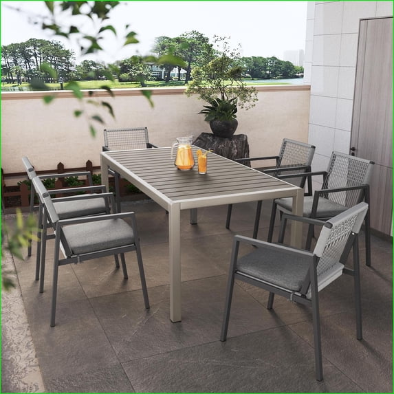 Patio Dining Set, Modern 7-Piece Aluminum with Faux Wood Table & Rope Chairs | Slate Gray + Black | Aluminum