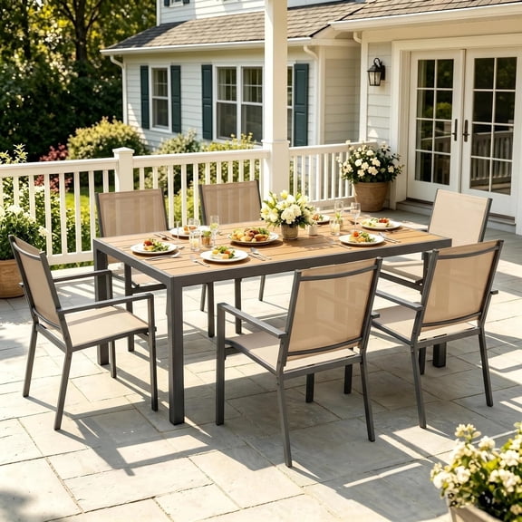 Patio Dining Set, Noelse 7 Piece Outdoor  Patio Table and Chairs with Removable Umbrella Hole, 6 Stackable Textilene Chairs for Backyard, Brown