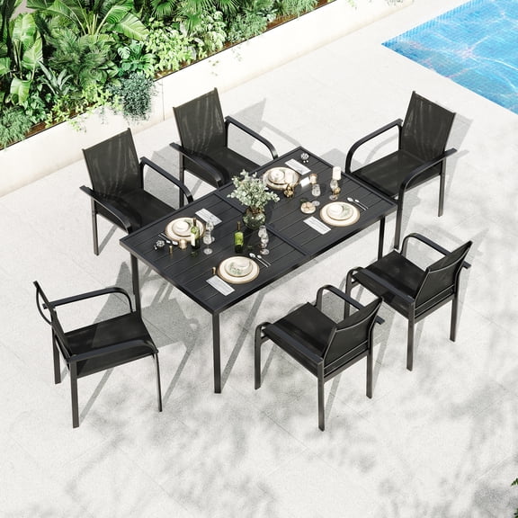 Patio Dining Set, Outdoor Dining Set 7-Piece with Rectangular Metal Table & 6 Sling Chairs - Breathable, for Backyard Deck Porch, Black
