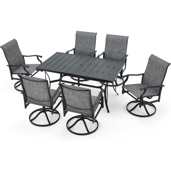 Patio Dining Set for 6, 6 Piece Patio Swivel Chairs with 1 Piece Large Mental Rectangular Dining Table for Backyard Front Porch Pool Deck,Gray