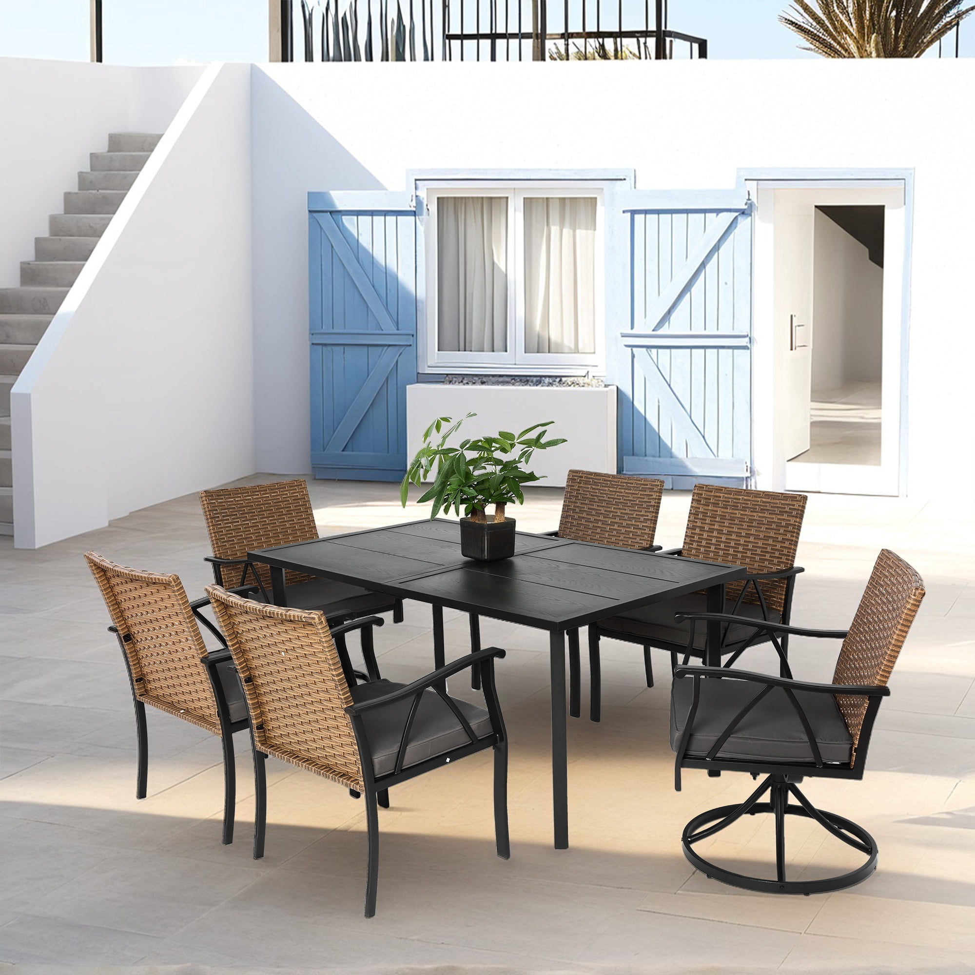 Patio Dining Set of 7 with 6 Chairs and 1 Steel Table, Outdoor Wicker Furniture for Backyard and Garden, Brown and Grey