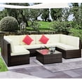 thumbnail image 1 of Patio Dining Sets, 7 Piece Patio Furniture Sets, 6 Rattan Wicker Chairs with Glass Dining Table, All-Weather Patio Sectional Sofa Set with Cushions for Backyard, Porch, Garden, Poolside, LLL858, 1 of 7