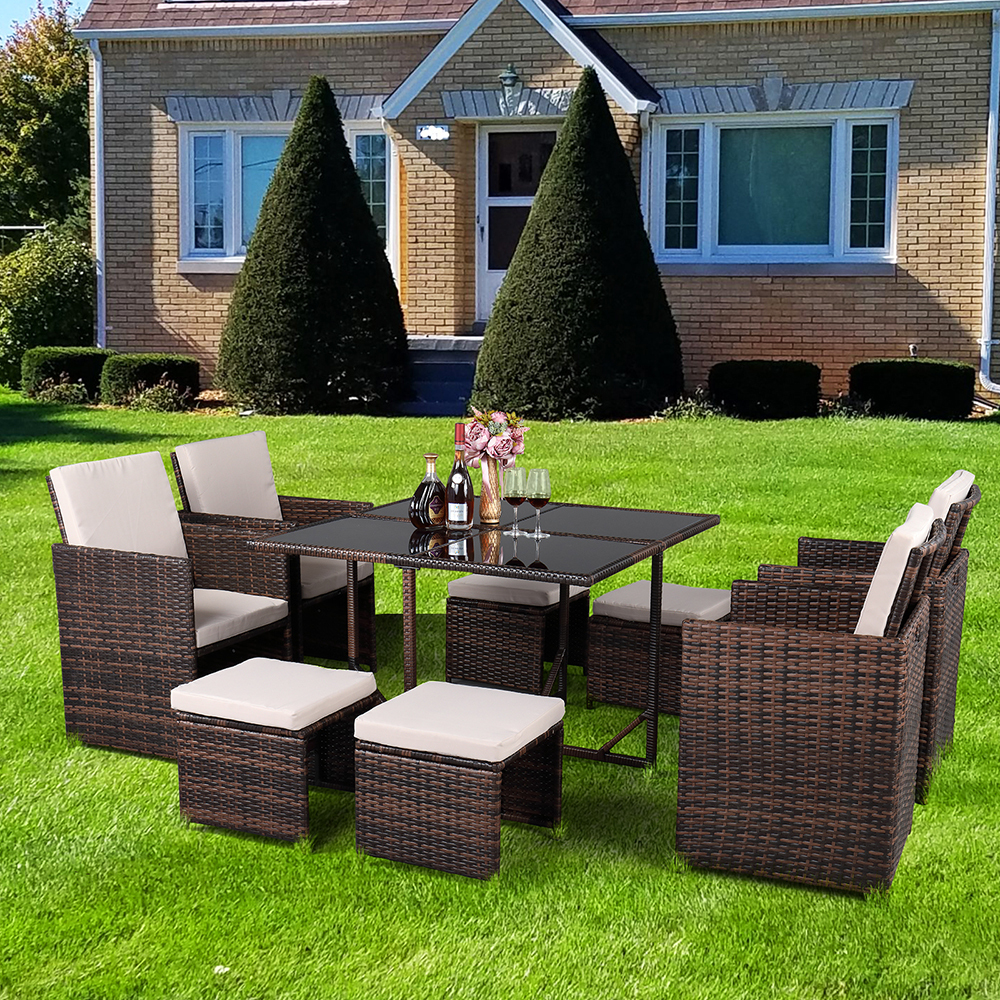 Patio Dining Sets, 9 Piece Patio Furniture Sets with 4 PE Wicker Chairs, 4 Stools, Dining Table, All-Weather Outdoor Patio Dining Conversation Set with Cushions for Backyard, Lawn, Garden, L - image 1 of 9