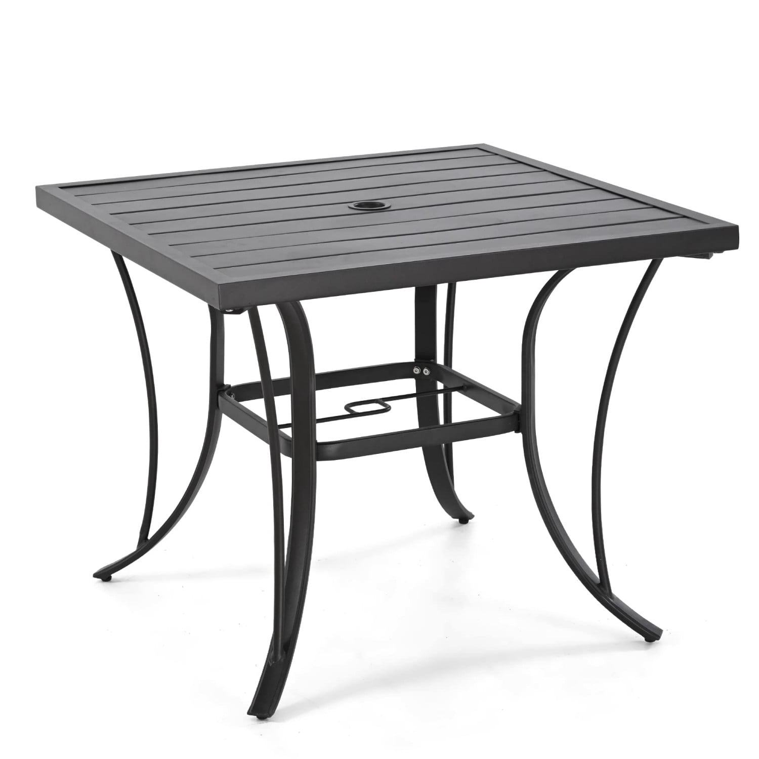 Patio Dining Table for 4, Square Outdoor Metal Table with 2" Umbrella Hole, Steel Slat Backyard Furniture for Garden Porch Poolside Black（35" x 35" x 28.5"）