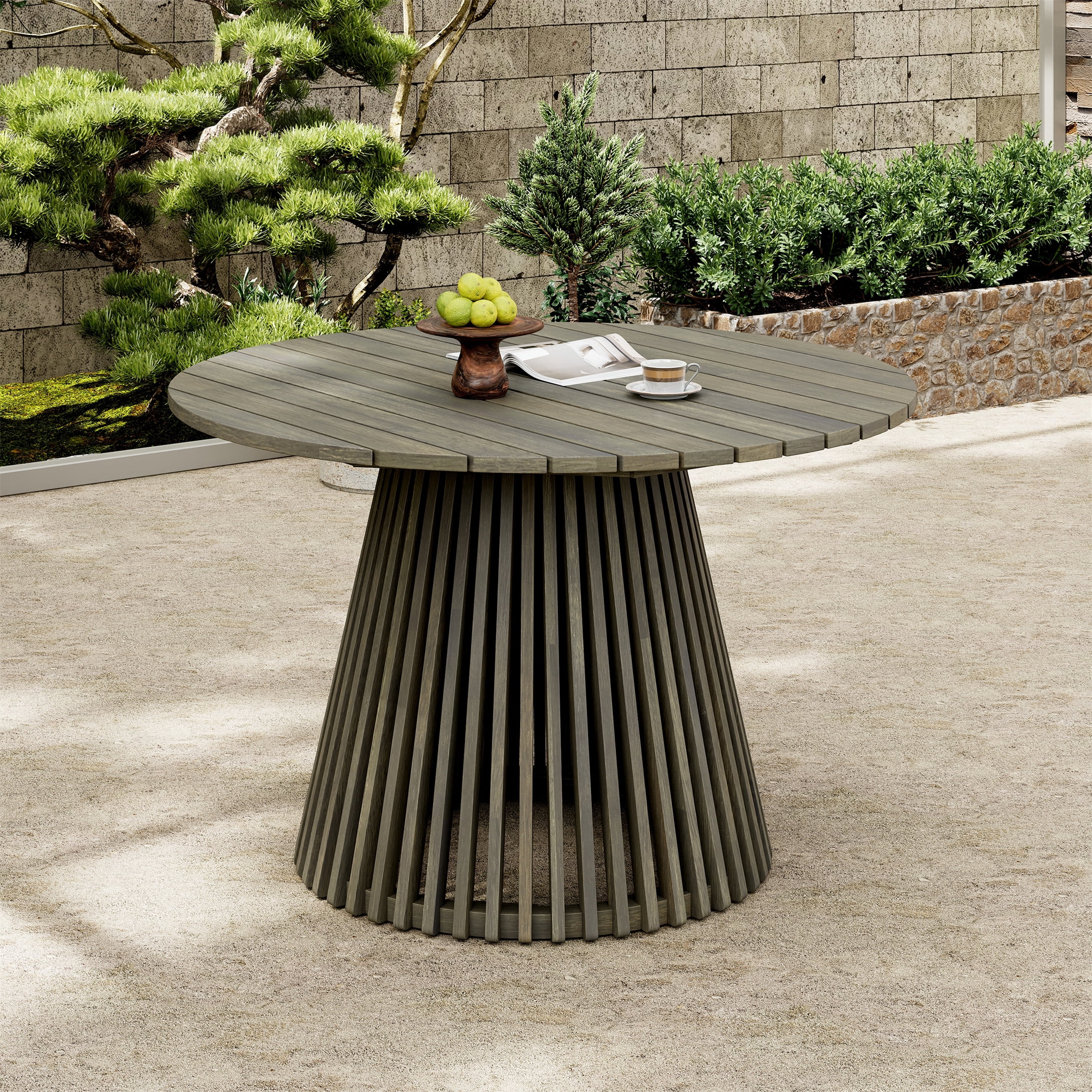 Patio Dining Table 47.25 Inch, Outdoor Acacia Wood Extra Large Round Table for Backyard, Grey