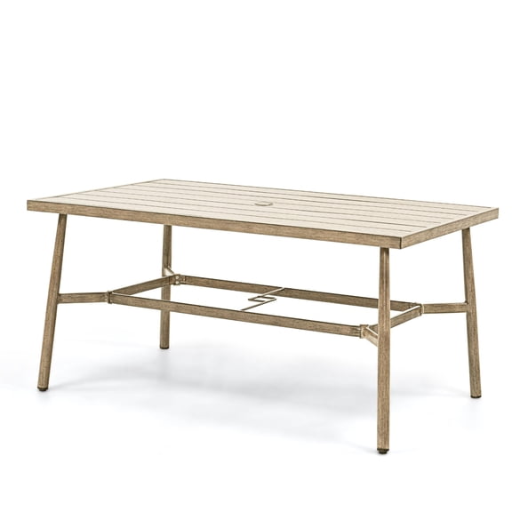 Patio Dining Table for 6, 60 Inch Outdoor Aluminum Table with Umbrella Hole, All Weather Rectangle Patio Table for Backyard Garden Deck Poolside, Brown