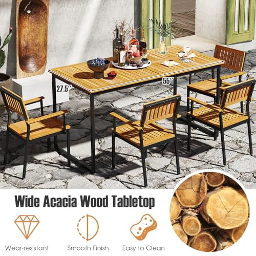 Patio Dining Table, 6-Person Acacia Wood Dining Table with 2 Inches Umbrella Hole, Slatted ...