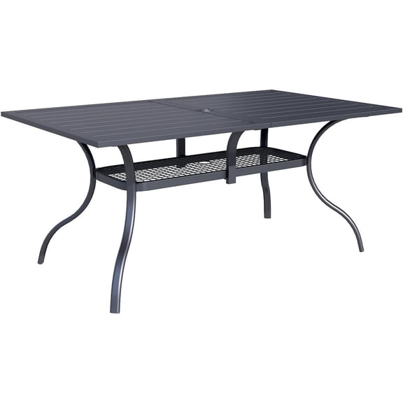 Patio Dining Table, 60" x 36" Rectangle Metal Steel Slat Table, with 1.57" Umbrella Hole, for Backyards, Porches, Gardens or Poolside