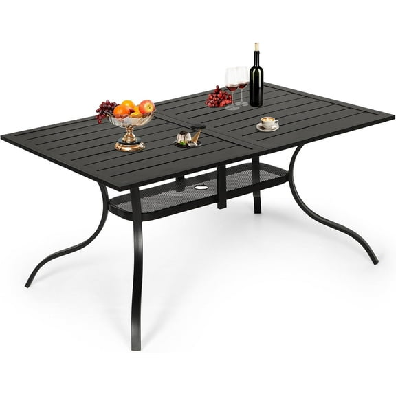 Patio Dining Table, 60" x 37"Outdoor Rectangular Metal Table,1.57" Umbrella Hole, for Backyards, Porches, Gardens or Poolside, Black