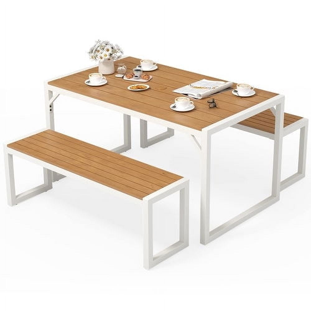 White Faux Wood Outdoor Dining Table Set for 4-6 People
