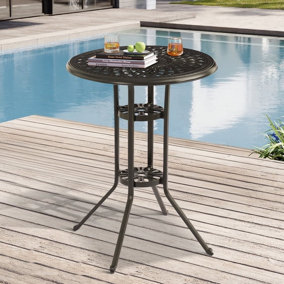 LVUYOYO Cast Aluminum Patio Dining Table with Umbrella Hole, Outdoor Bistro Table for Backyard, Garden