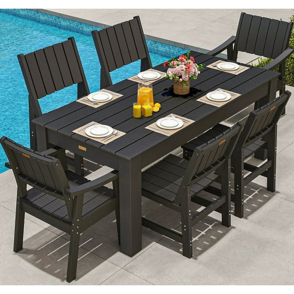 Wingyz 7-Piece Patio Dining Table Sets, Outdoor Dining Furniture Set with Umbrella Hole Cut-Out Table and 6 Chairs, Black