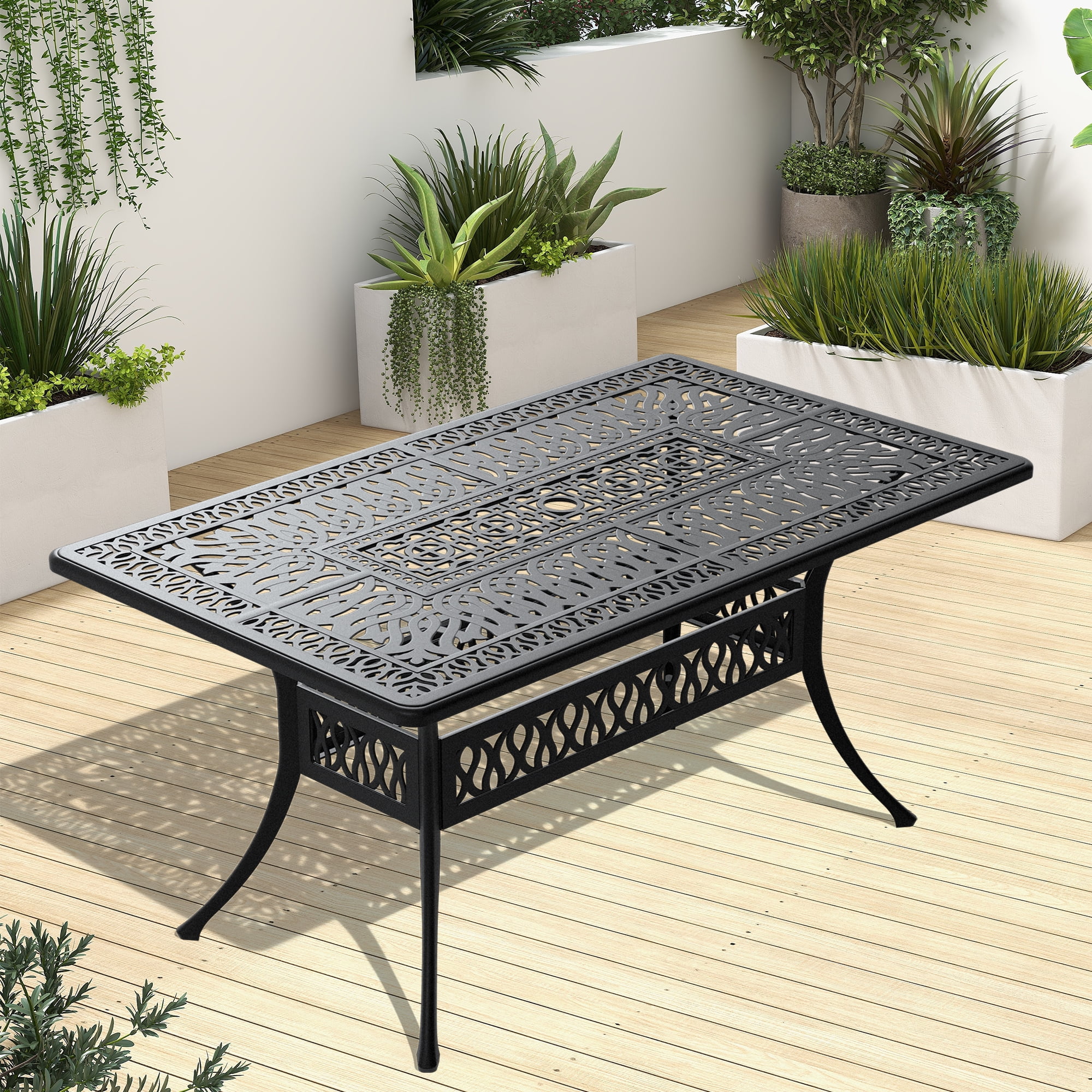 Patio Dining Table With Black Frame and Umbrella Hole, 58.27L * 34.65W inch Cast