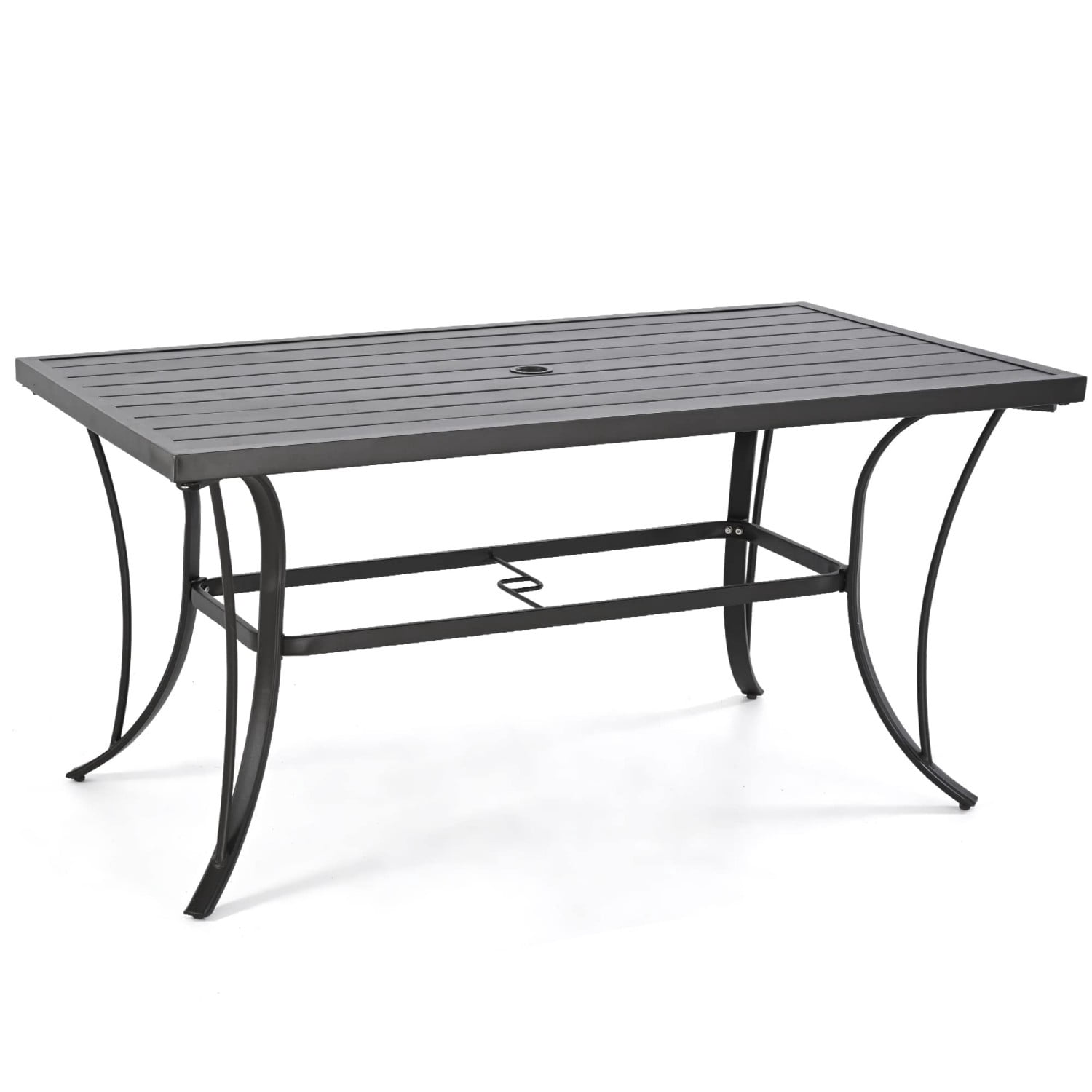 Patio Dining Table for 6, 60" Outdoor Metal Steel Slat Table with 2" Umbrella Hole, Backyard Garden Porch Dining Furniture, Dark Brown