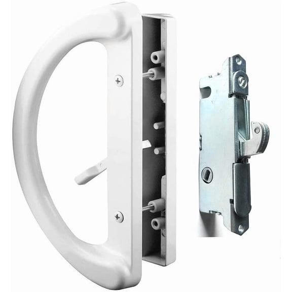 Patio Door Handle Set + Mortise Lock 45 Perfect Replacement for Sliding Glass Door Fits 3-15/16 Screw Hole Spacing, Non-keyed with Latch Locks,White Diecast,Reversible Design(Non-Handed)