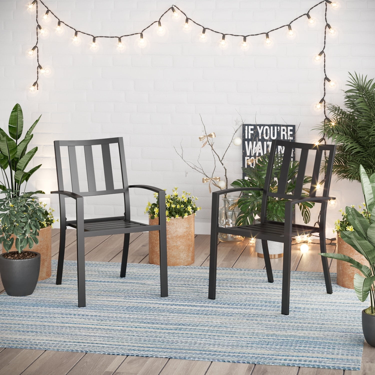 E-Coated Wrought Iron Stackable Patio Dining Chairs, Black, Set of 2