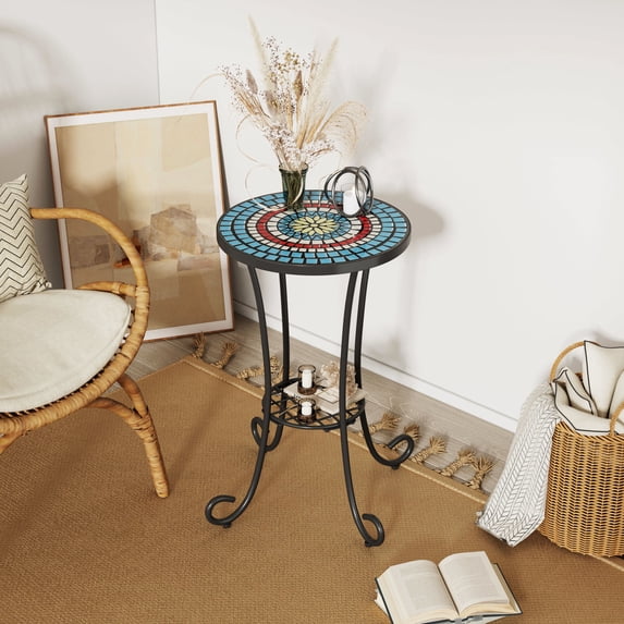 Patio End Table with Lower Shelf | Adds Style to Any Space | Powder-Coated Steel and Ceramic Tile | Long-Lasting, Space-Friendly