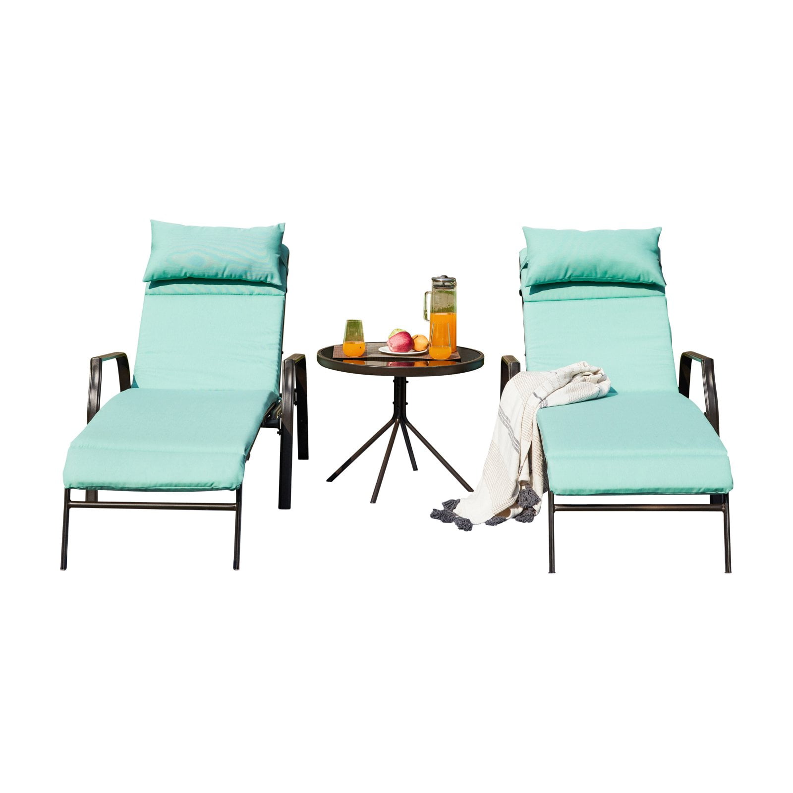 Aqua 3-Piece Outdoor Metal Chaise Lounge Set with Cushions