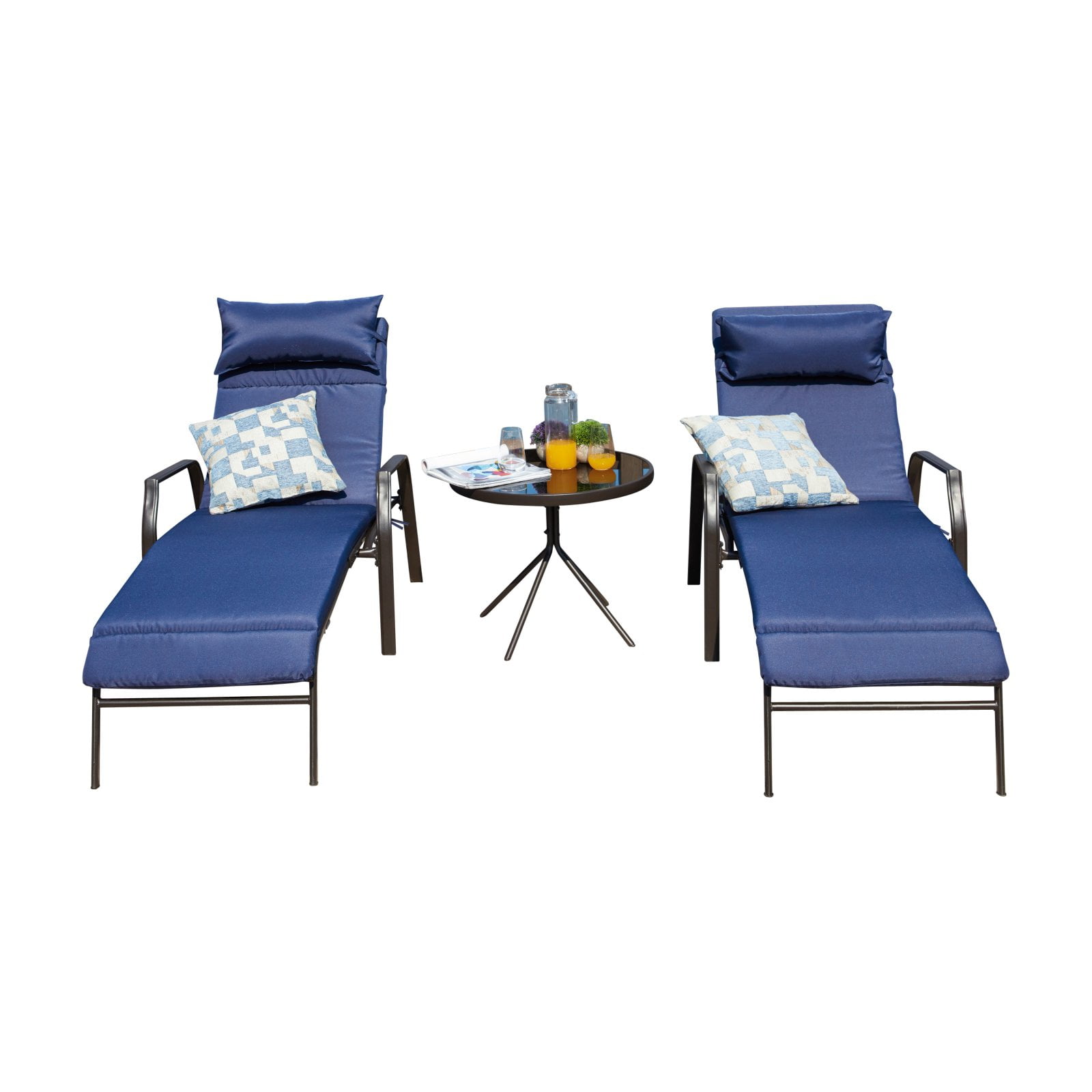 Blue Metal Chaise Lounge Set with Cushions and Table