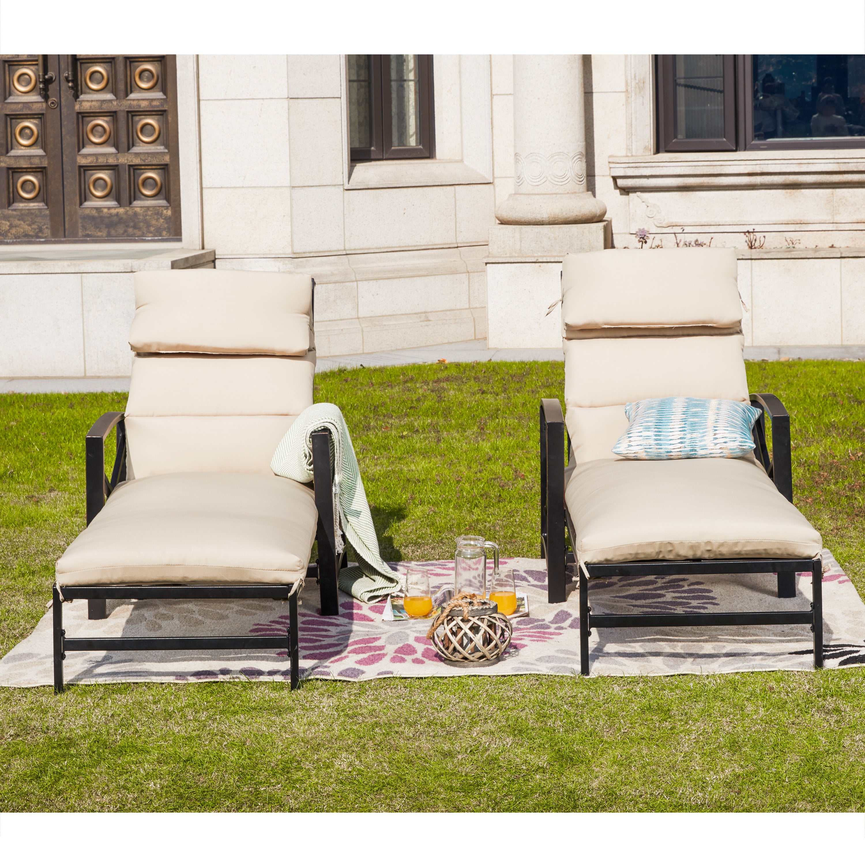 Patio Festival Metal Outdoor Chaise Lounger in Beige/Black (Set of 2)
