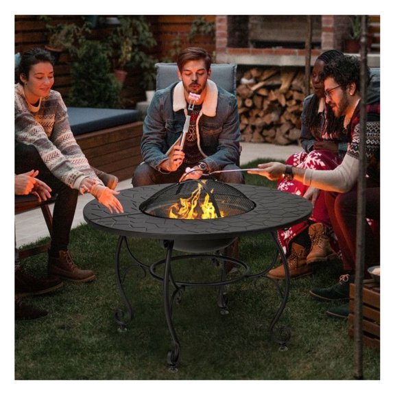 Patio Fire Pit Table 35.5", Outdoor Dining Table with BBQ Grate, Wood Burning Fire Bowl, Steel Firepit for Garden Deck Backyard