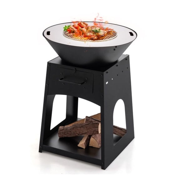 Patio Fire Pit with Grill & Log Rack - 24 inch Outdoor Wood Burning Firebowl - Galvanized Metal Fireplace with Ash Box & Poker