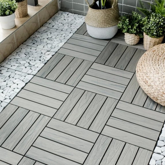 Patio Floor Tiles Pack of 11 WPC Wood-Plastic Composite Patio Deck Tiles DIY Interlocking Decking Tiles, Quick Deck Floor Tile, Court Tile, Water Resistant Indoor Outdoor -11.8" SKYGREY